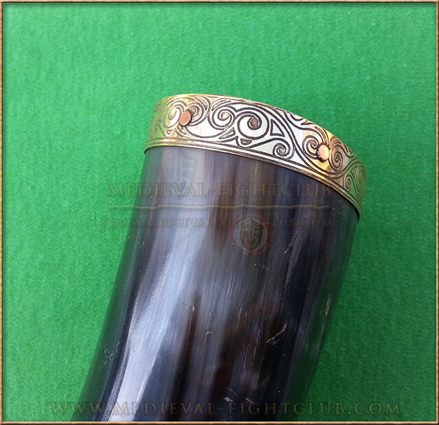 Drinking Horn - brass tribal pattern fittings